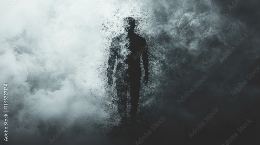Silhouette of a man dissolving into smoke or fog, symbolic of loss, mystery, or transformation. Silhouette of a man dissolving into smoke or fog, symbolic of loss, mystery, or transformation.