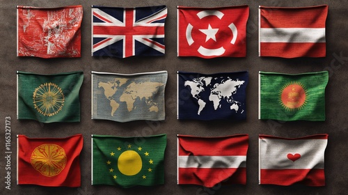 Multiple flags hanging displaying internationalism and diversity on wall