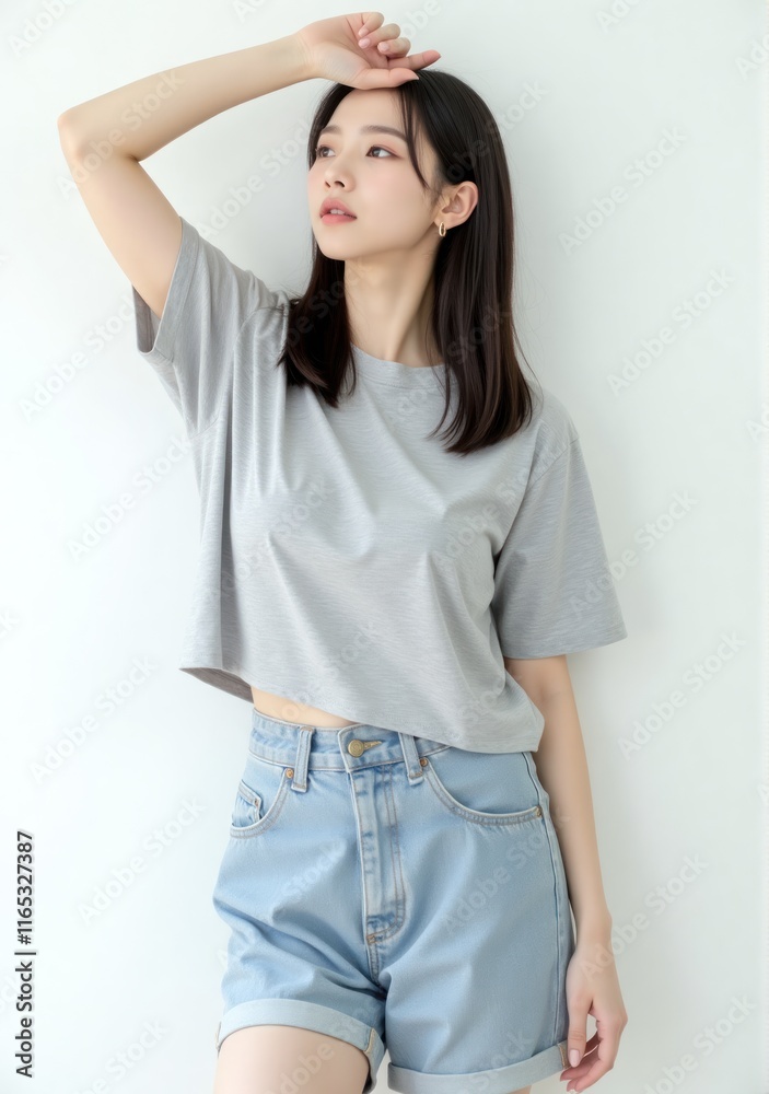 Confident Korean woman in casual wear, relaxed seductive pose, white background Confident Korean woman in casual wear, relaxed seductive pose, white background