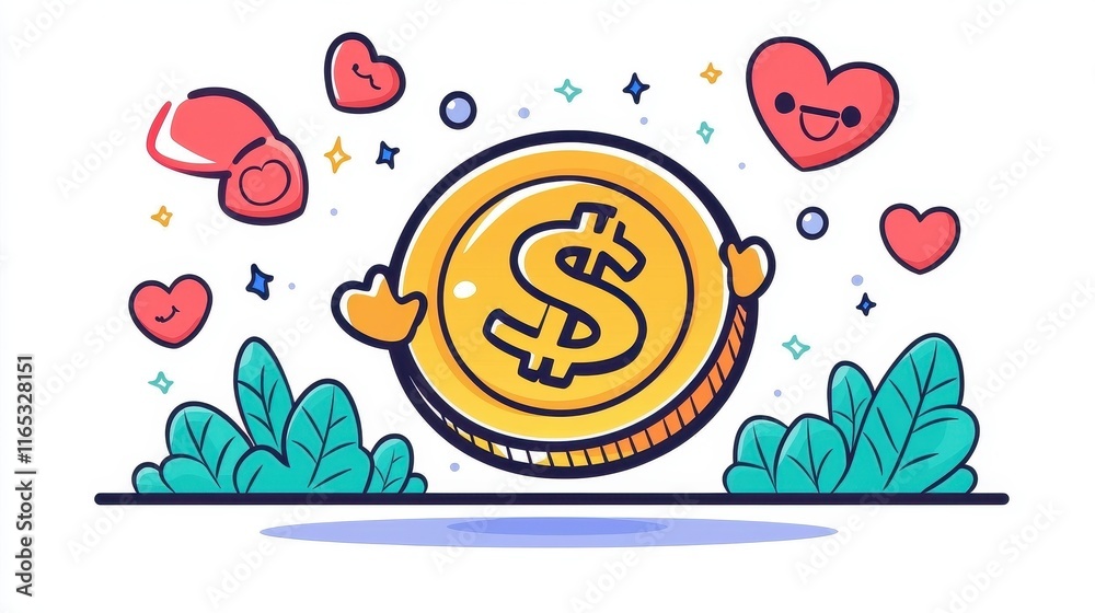 Vibrant Illustration of a Gold Coin Surrounded by Hearts and Sparkles, Symbolizing Wealth and Love in a Playful and Cheerful Design Vibrant Illustration of a Gold Coin Surrounded by Hearts and Sparkles, Symbolizing Wealth and Love in a Playful and Cheerful Design