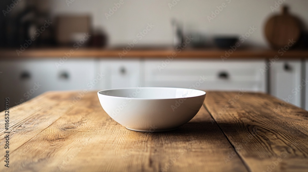 Empty white bowl sitting on rustic wooden table in kitchen Empty white bowl sitting on rustic wooden table in kitchen