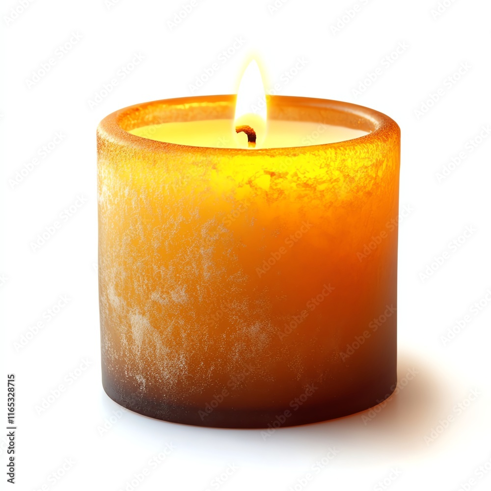 A glowing candle with a warm amber hue on a white isolated background. A glowing candle with a warm amber hue on a white isolated background.