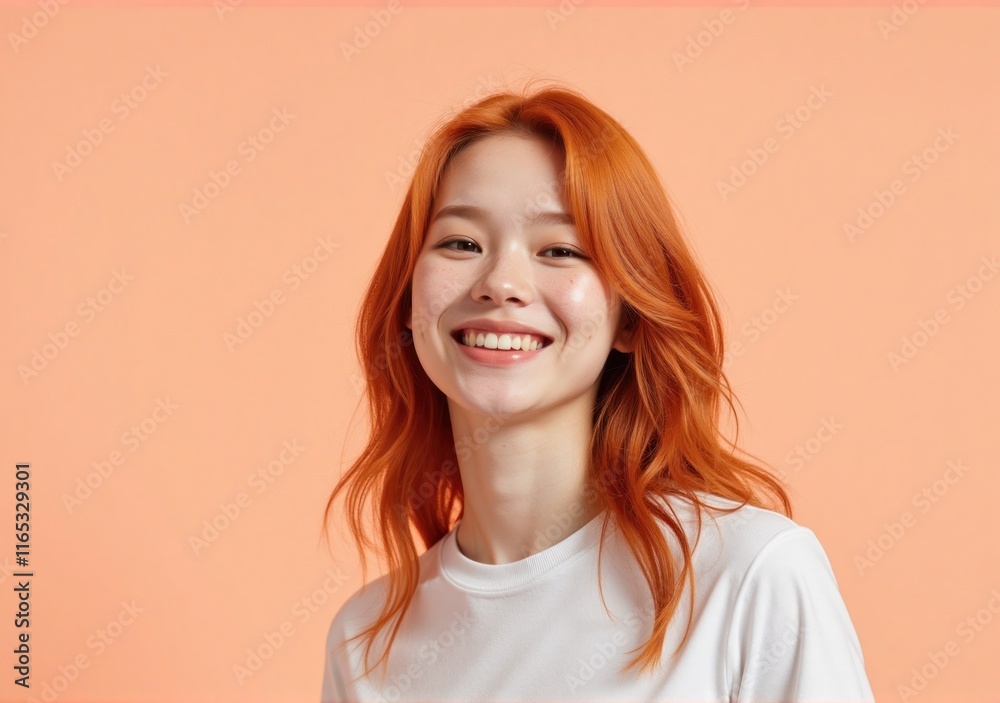 Young woman with radiant red hair, vibrant freckles, modern t-shirt, pastel background Young woman with radiant red hair, vibrant freckles, modern t-shirt, pastel background