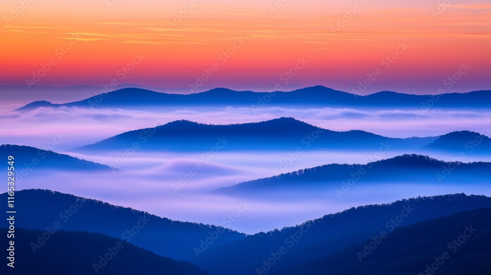 Fototapeta premium Serene Sunrise Misty Mountain Landscape Panorama