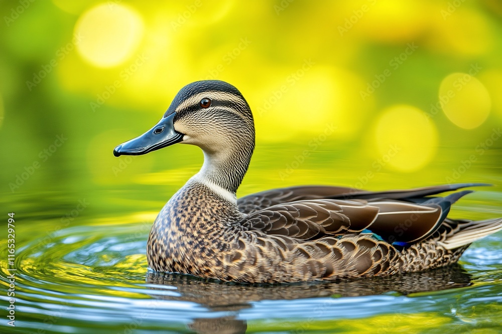 Female duck swimming in calm water with blurred yellow-green background. Female duck swimming in calm water with blurred yellow-green background.