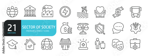 Set of line icons related to sector of society. Outline icons collection. Editable stroke. Vector illustration.