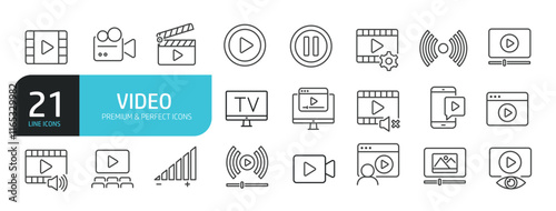 Set of line icons related to video, media player. Outline icons collection. Editable stroke. Vector illustration.