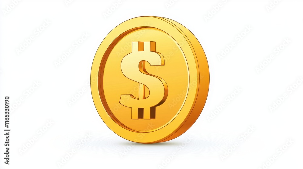 Realistic depiction of a shiny golden coin with a dollar symbol, isolated on a clean white background, representing wealth, investment, and financial success in modern economy Realistic depiction of a shiny golden coin with a dollar symbol, isolated on a clean white background, representing wealth, investment, and financial success in modern economy