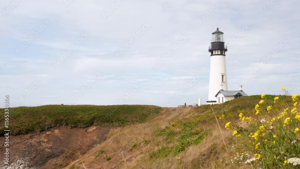 Flowers Blowing in the Wind at Tranquil Light-House on a Cliff in a Bay. Waves Crashing, Beautiful Soothing Landscape. West Coast Pacific Ocean, Oregon Coast. Calm Steady Tripod Shot. Yaquina Head, OR Flowers Blowing in the Wind at Tranquil Light-House on a Cliff in a Bay. Waves Crashing, Beautiful Soothing Landscape. West Coast Pacific Ocean, Oregon Coast. Calm Steady Tripod Shot. Yaquina Head, OR