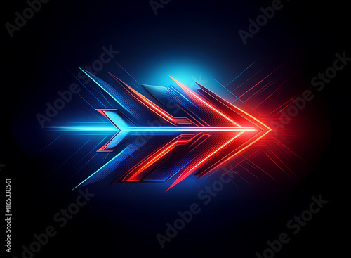 A vibrant, double arrowhead glows with red and blue neon light, suggesting speed and forward momentum.  The arrow is three-dimensional, with a sleek, futuristic design set against a dark background.