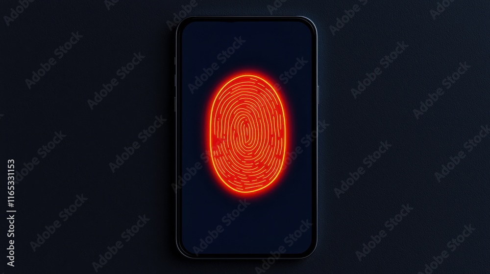 Health info the security of patient. Mobile device displaying a red fingerprint sensor on a dark background. Health info the security of patient. Mobile device displaying a red fingerprint sensor on a dark background.