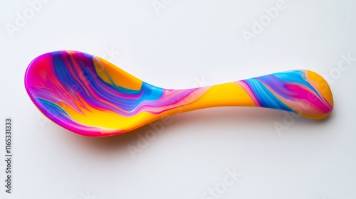 A vibrant silicone spoon, ergonomically shaped, resting on a white backdrop photo