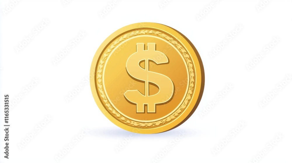 Golden Coin with Dollar Sign Emblem on a White Background, Symbolizing Wealth, Finance, Currency, and Economic Growth in Financial Imagery for Stock Use Golden Coin with Dollar Sign Emblem on a White Background, Symbolizing Wealth, Finance, Currency, and Economic Growth in Financial Imagery for Stock Use
