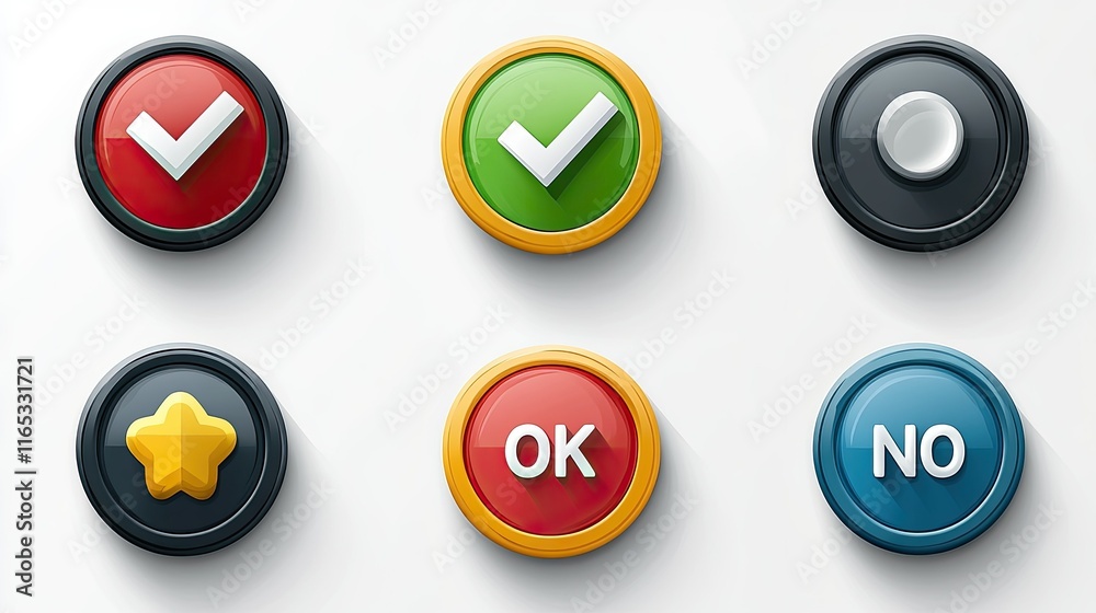 Six colorful round buttons with checkmarks, star, OK, and NO symbols. Six colorful round buttons with checkmarks, star, OK, and NO symbols.