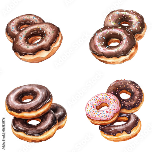 Set of chocolate donuts watercolor png. Delicious donuts covered with chocolate glaze and sugar sprinkles. Watercolor sweets and pastries. Vector illustration.