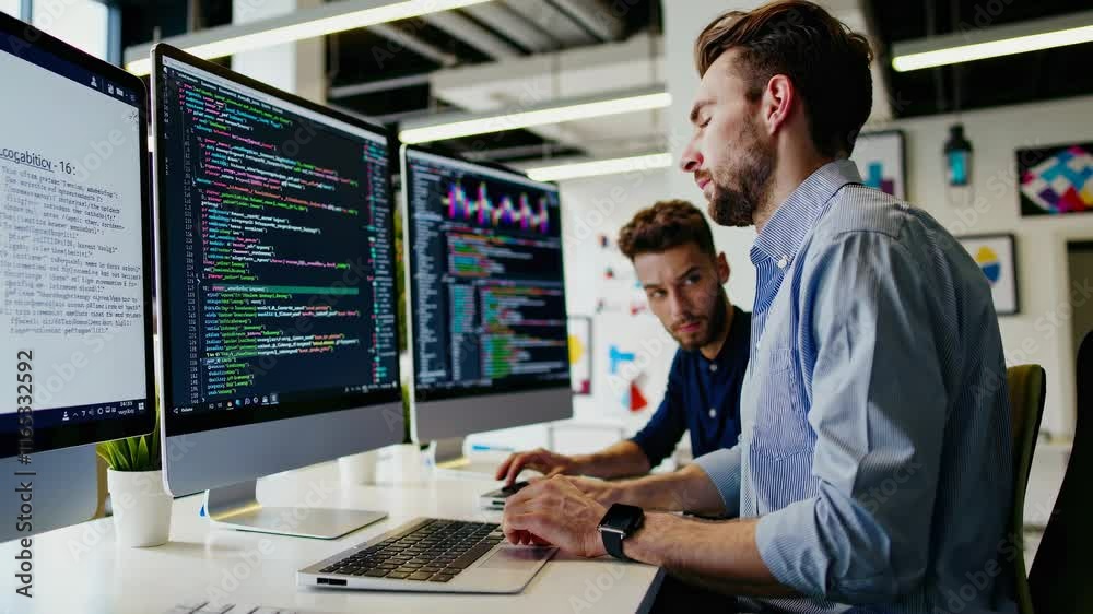Coding experts collaborate in a modern office space using multiple computer screens during a project session