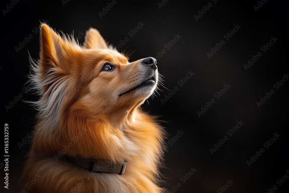 Obraz premium Fluffy red dog looking up, dark background.