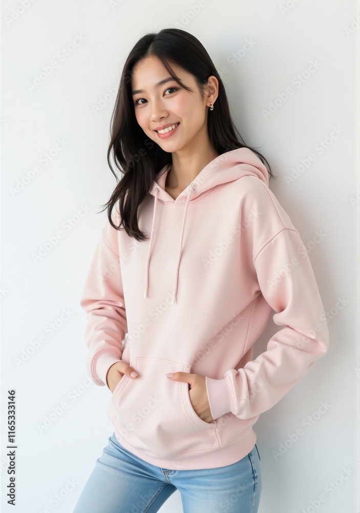 Effortlessly stylish young blonde woman in a hoodie and bold sunglasses, photographed on a clean white background Effortlessly stylish young blonde woman in a hoodie and bold sunglasses, photographed on a clean white background
