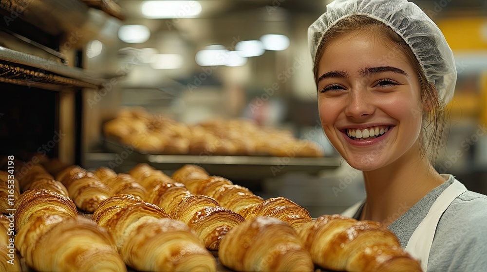 Smiling baker with fresh croissants in a bakery. Smiling baker with fresh croissants in a bakery.