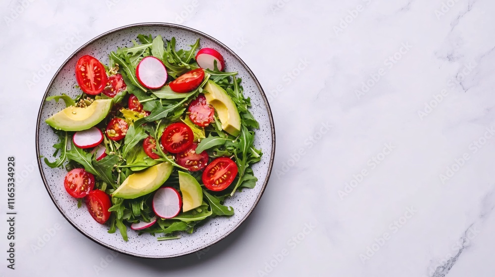 Fresh Colorful Salad with Avocado, Tomatoes, Radishes and Greens on White Background Fresh Colorful Salad with Avocado, Tomatoes, Radishes and Greens on White Background