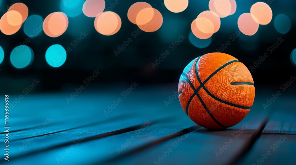 Obraz premium Small basketball on dark wood, bokeh lights.