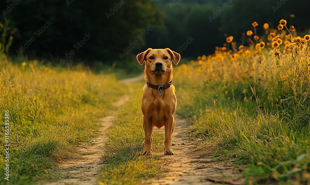 Golden dog standing on a path in a field of flowers at sunset. Golden dog standing on a path in a field of flowers at sunset.