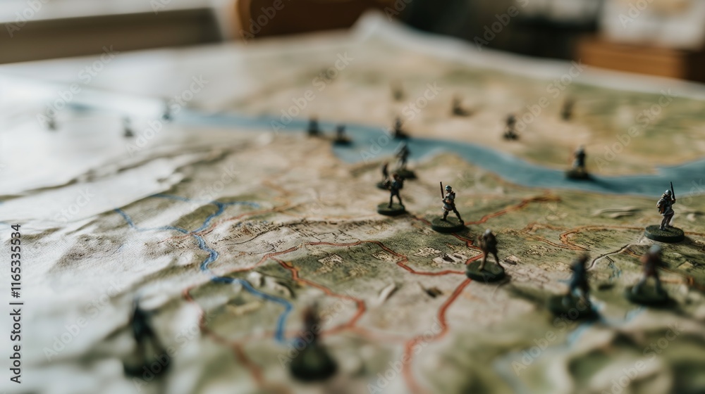 Close-up of a detailed military strategy map on a wooden table, with miniature soldiers and terrain models arranged for planning. military tactics, operations. Close-up of a detailed military strategy map on a wooden table, with miniature soldiers and terrain models arranged for planning. military tactics, operations.
