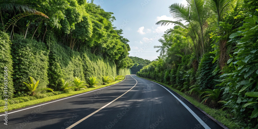scenic road surrounded by lush greenery and tropical plants, creating serene atmosphere. sunlight filters through trees, enhancing vibrant colors of landscape scenic road surrounded by lush greenery and tropical plants, creating serene atmosphere. sunlight filters through trees, enhancing vibrant colors of landscape