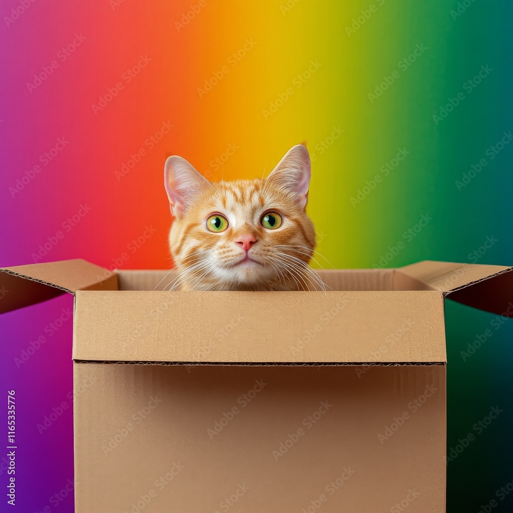 Curious orange tabby cat peeking out of a cardboard box against a colorful rainbow background Curious orange tabby cat peeking out of a cardboard box against a colorful rainbow background