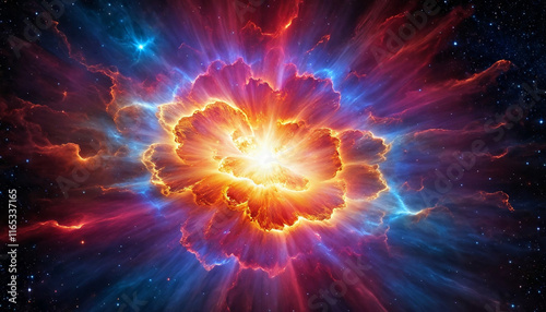 A stunning depiction of a supernova explosion, showcasing the vibrant colors and dynamic energy released in this cosmic event