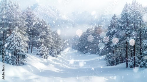 Wallpaper Mural Snowy Winter Landscape with Frosted Pine Trees and Mountains. Seamless looping 4k video background   Torontodigital.ca