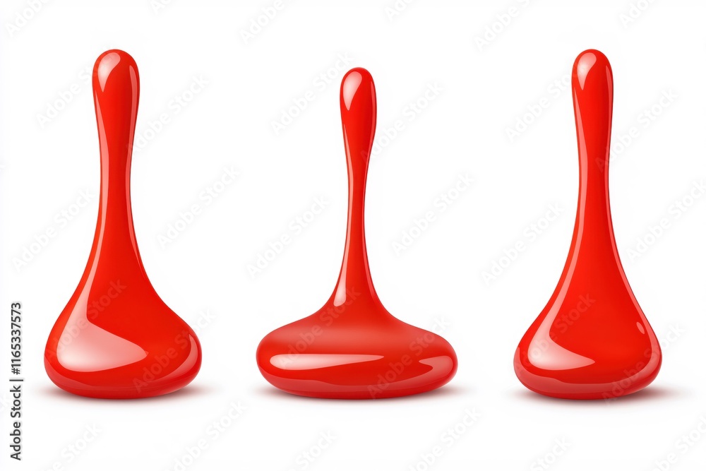 Glossy Red Drops on White Background with Varying Heights and Styles Glossy Red Drops on White Background with Varying Heights and Styles