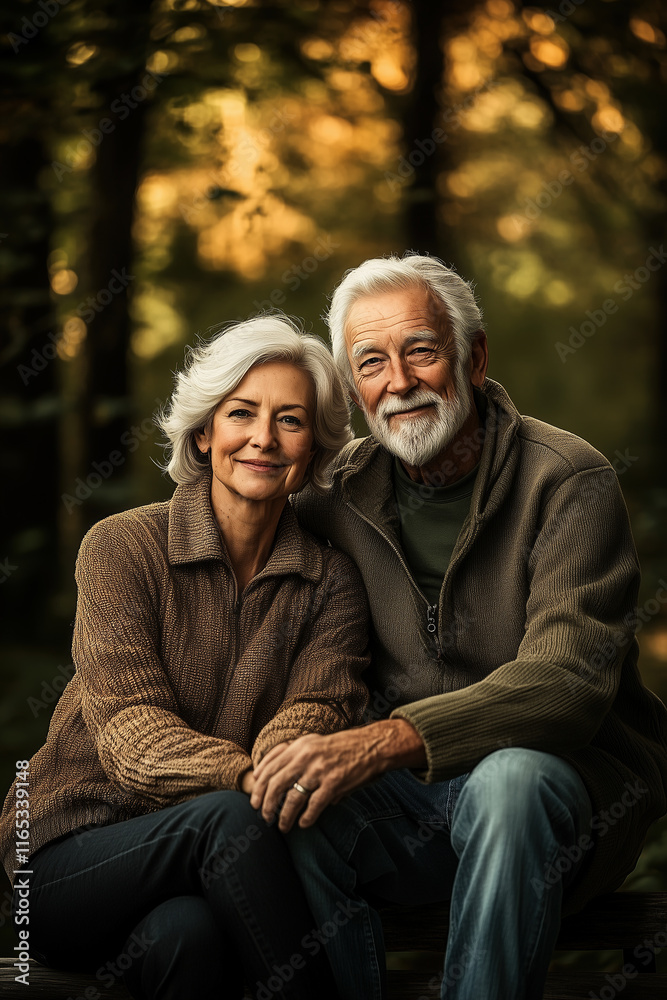 Fototapeta premium Happy senior couple sitting outdoors, surrounded by nature, with soft lighting and warm tones to create a cozy atmosphere.