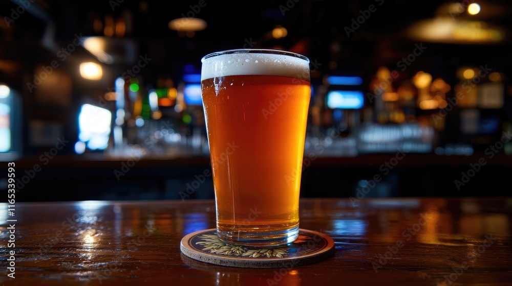 Refreshing beer glass on bar counter cozy pub beverage photography warm ambiance close-up relaxation concept Refreshing beer glass on bar counter cozy pub beverage photography warm ambiance close-up relaxation concept