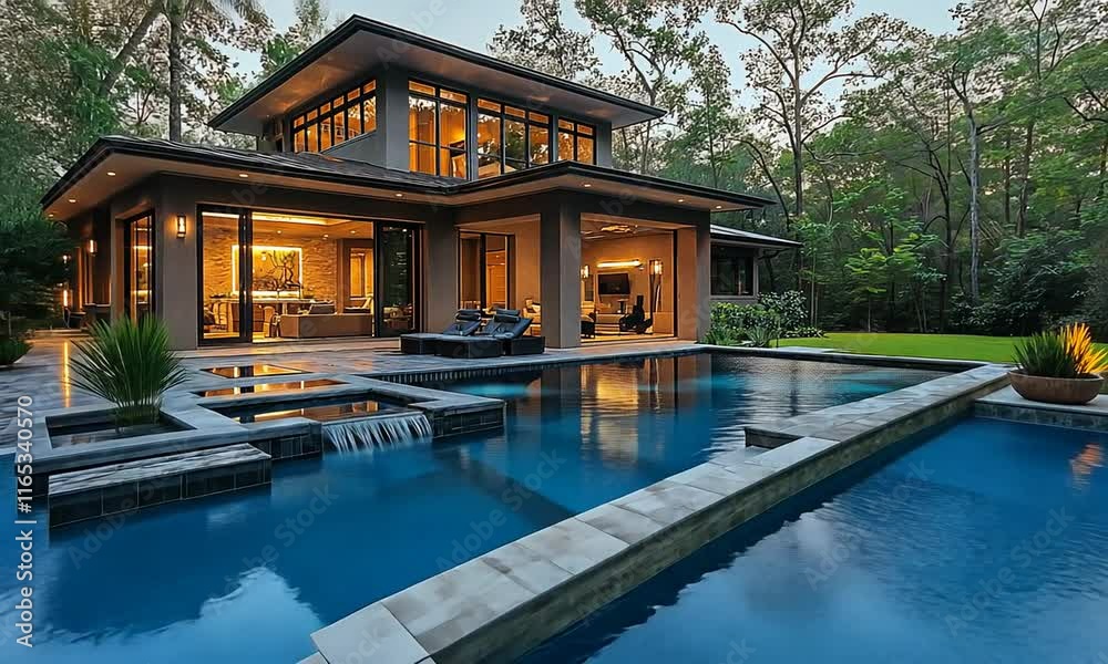 Modern home with a pool and waterfall, surrounded by lush greenery at dusk.