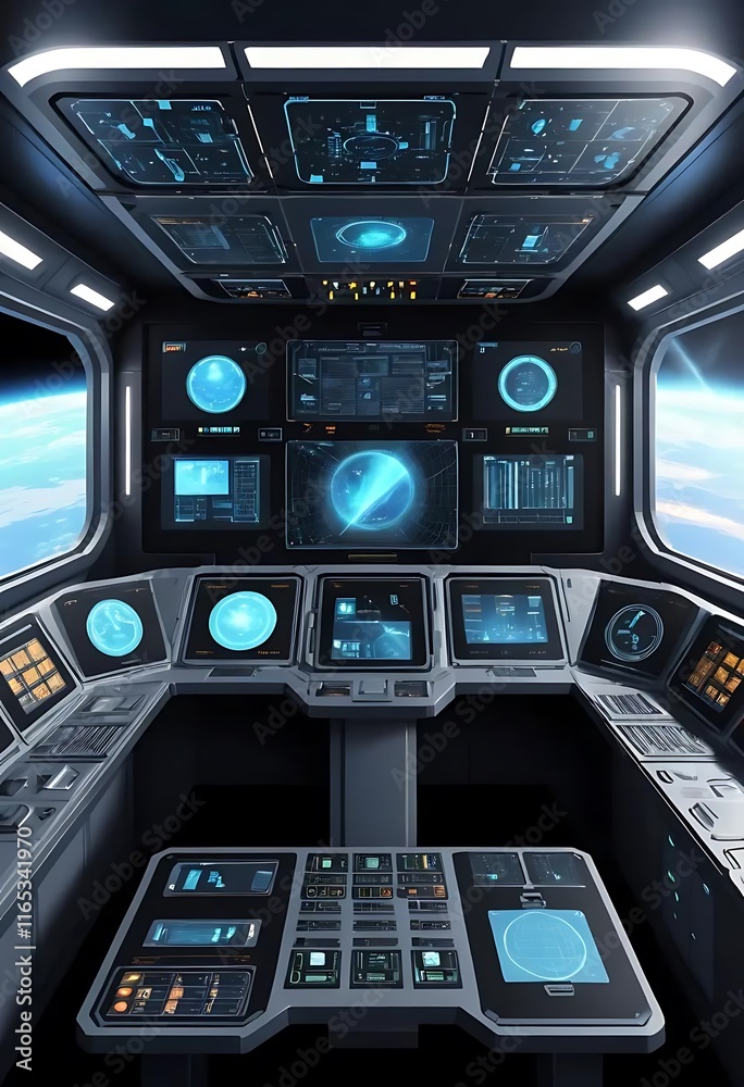 Obraz premium Futuristic Spaceship Cockpit Control Panel Over Earth