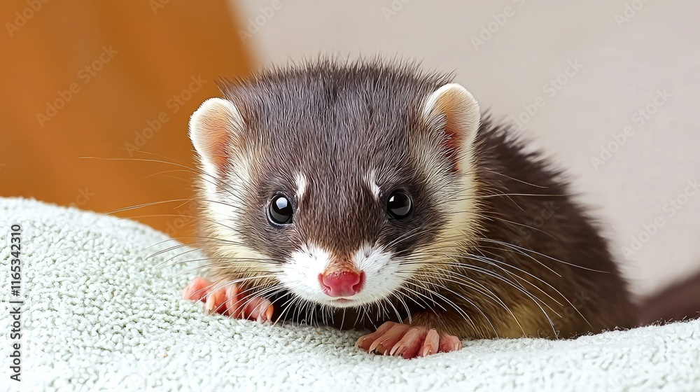 Curious ferret exploring a cozy indoor setting animal photography warm environment close-up view Curious ferret exploring a cozy indoor setting animal photography warm environment close-up view
