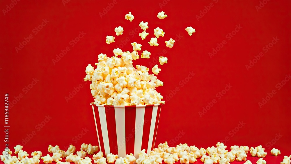 Striped red and white paper box with popcorn against a red background. Popcorn flies out of the bucket. Blast and levitation of popcorn grains. The concept of viewing... Striped red and white paper box with popcorn against a red background. Popcorn flies out of the bucket. Blast and levitation of popcorn grains. The concept of viewing...