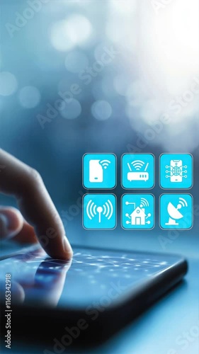 A hand pointing at a smartphone with icons flowing above it, representing the control of home mesh networks and home wifi systems photo