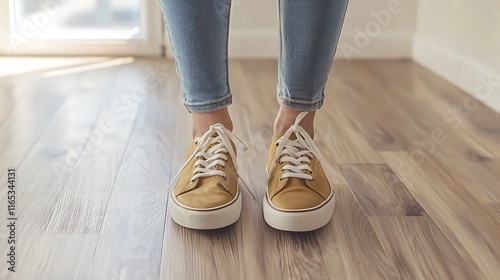A woman is standing on a wooden floor wearing yellow shoes