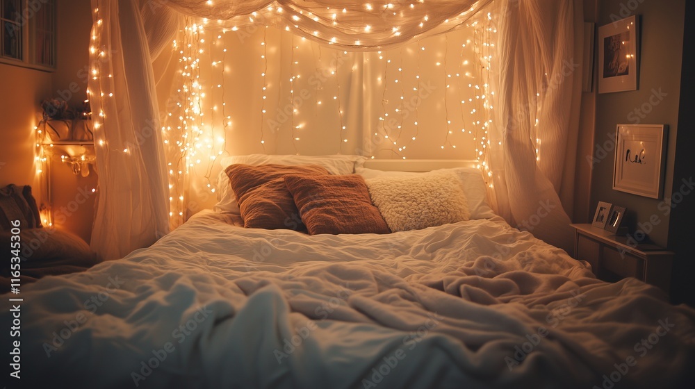 Cozy Bedroom Illuminated with Warm Fairy Lights Cozy Bedroom Illuminated with Warm Fairy Lights