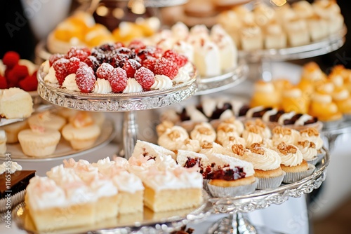 Wallpaper Mural Elegant Dessert Table Display Featuring Assorted Mini Cakes and Fresh Berries Torontodigital.ca