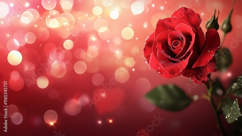 A red roses on a red background with bokeh lights. Valentine's Day celebration. 