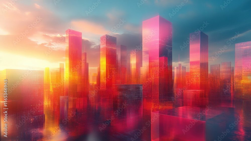 Futuristic Cityscape at Dusk with Colorful Reflection and Abstract Skyscrapers in Vibrant Shades of Pink, Orange, and Purple Surrounded by Atmospheric Clouds Futuristic Cityscape at Dusk with Colorful Reflection and Abstract Skyscrapers in Vibrant Shades of Pink, Orange, and Purple Surrounded by Atmospheric Clouds