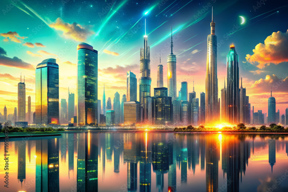 Fototapeta premium Futuristic cityscape with vibrant colors reflecting on water at sunset