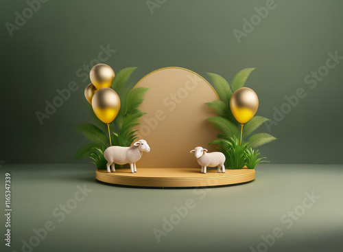 Two sheep stand on a golden platform adorned with tropical leaves and gold balloons against a muted green backdrop.  A minimalist, celebratory scene. photo