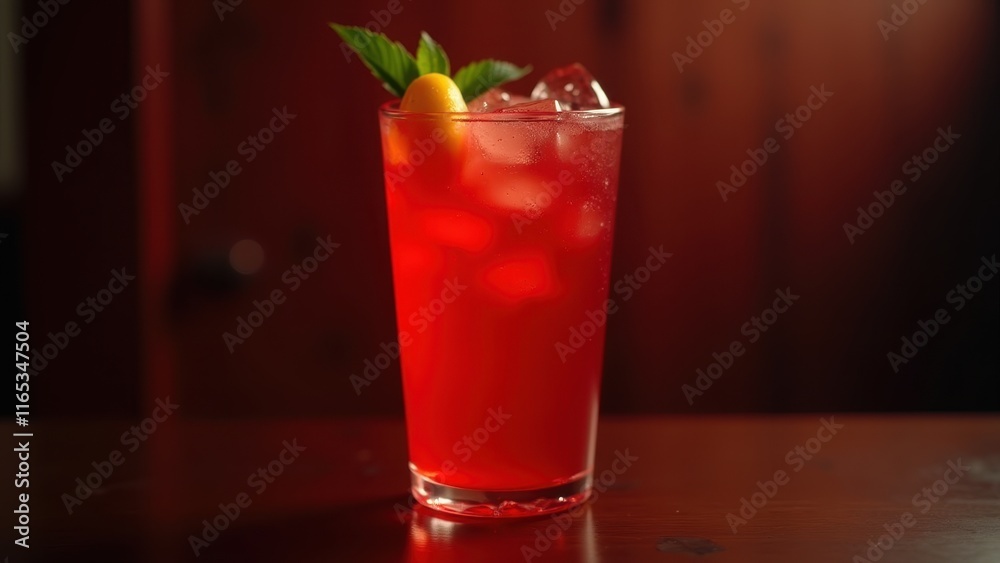 Naklejka premium A rich, crimson cocktail glows in a dark wooden setting, garnished with a vibrant orange slice and surrounded by icy chill