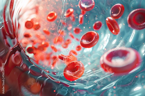 Red blood cells and white blood cells in a blood vessel photo