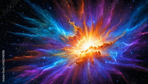 A stunning visual representation of a supernova explosion, featuring vibrant colors and dynamic energy