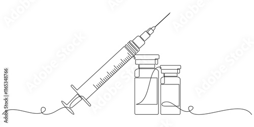 Syringe with vaccine bottle in line art style, vector illustration.